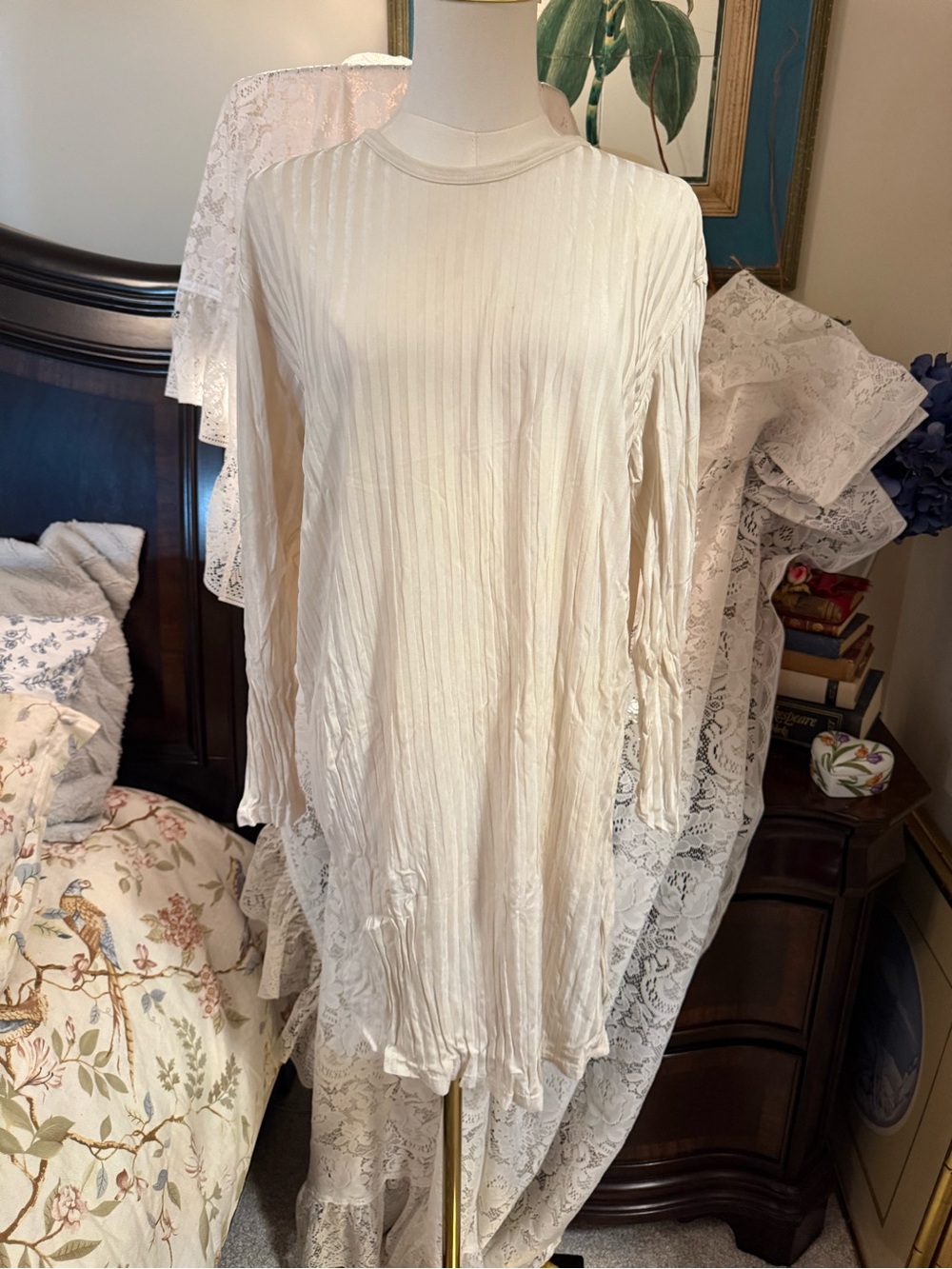 100% Silk Cream Long-Sleeve Pleated Tunic Top